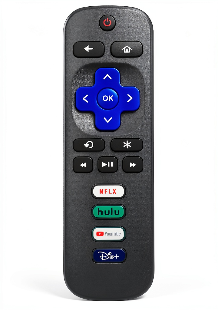 YesBes Roku TV remote placed on a coffee table beside a TV
