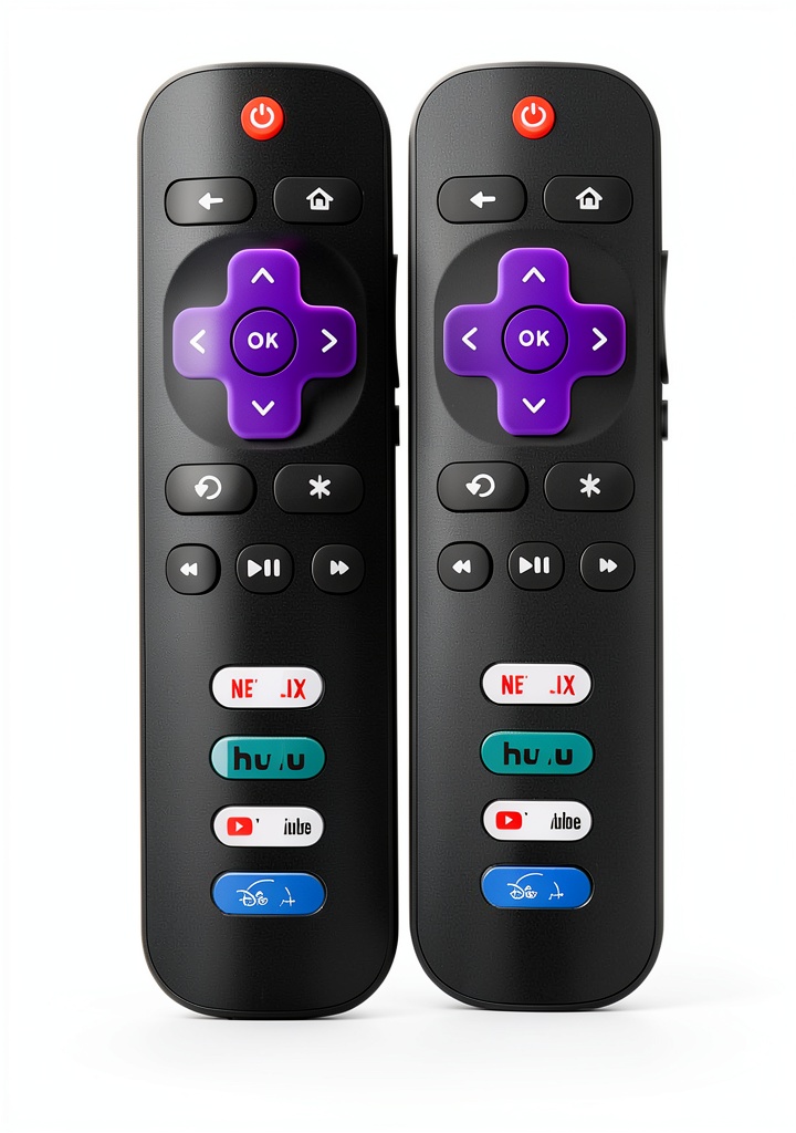 CrsaSwivo Roku remote placed on a coffee table beside a TV